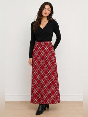 Vintage Red Tartan Plaid Wool Blend Maxi Skirt A-Line Classic Preppy Cottagecore
